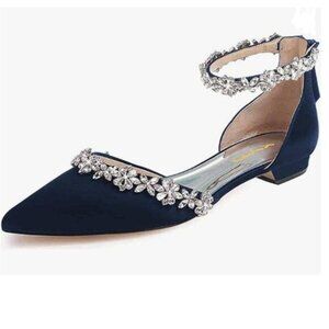 XYD Navy Pointed Toe D'Orsay Sparkly Rhinestones Ankle Strap Wedding Sandals